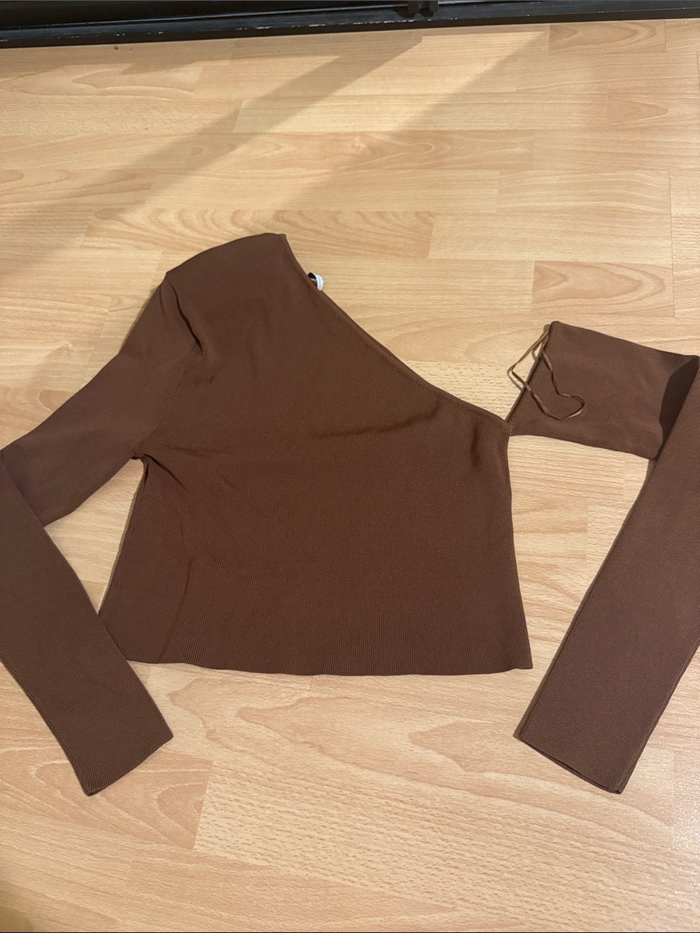 Zara One-Shoulder Long-Sleeve Crop Top in Brown